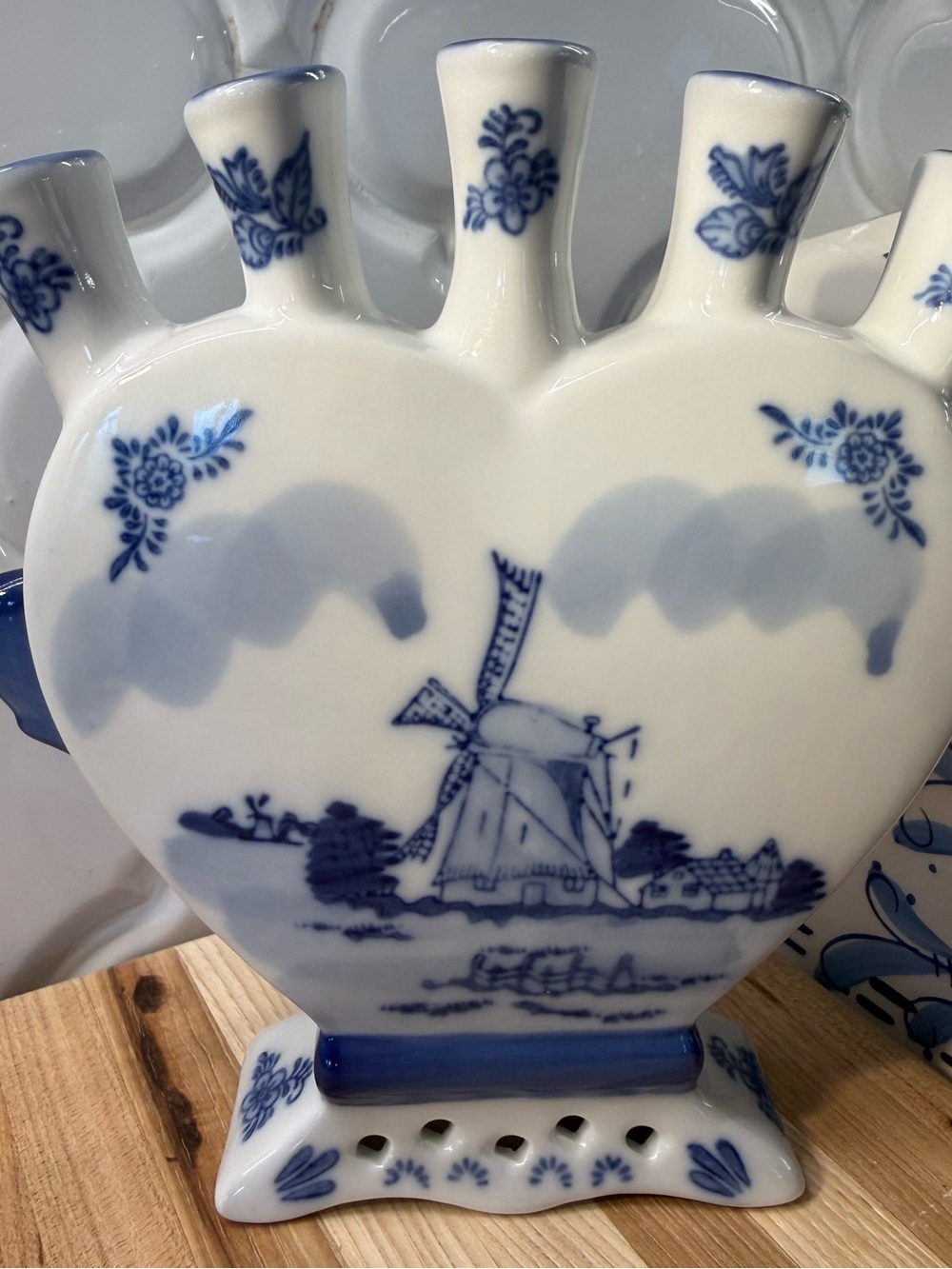 Vintage Royal Twickel Delft Blue Heart 5 Finger Tulip Vase Holland Tulipiere